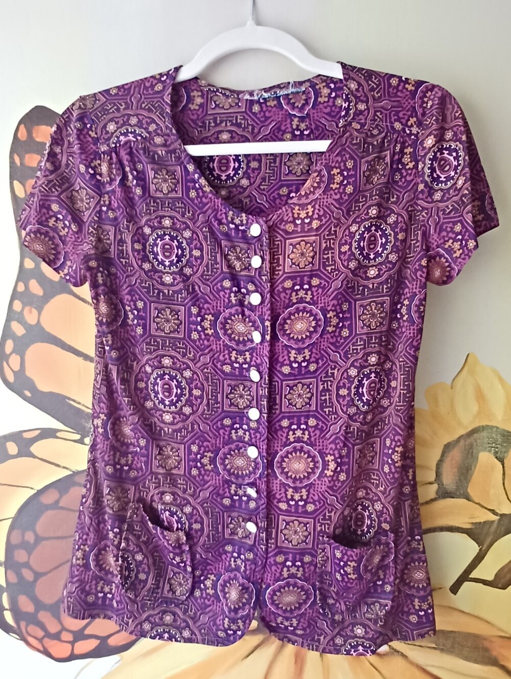 Vintage 70s Purple Snd Golf Patterned Short-Sleeve Button Front Top